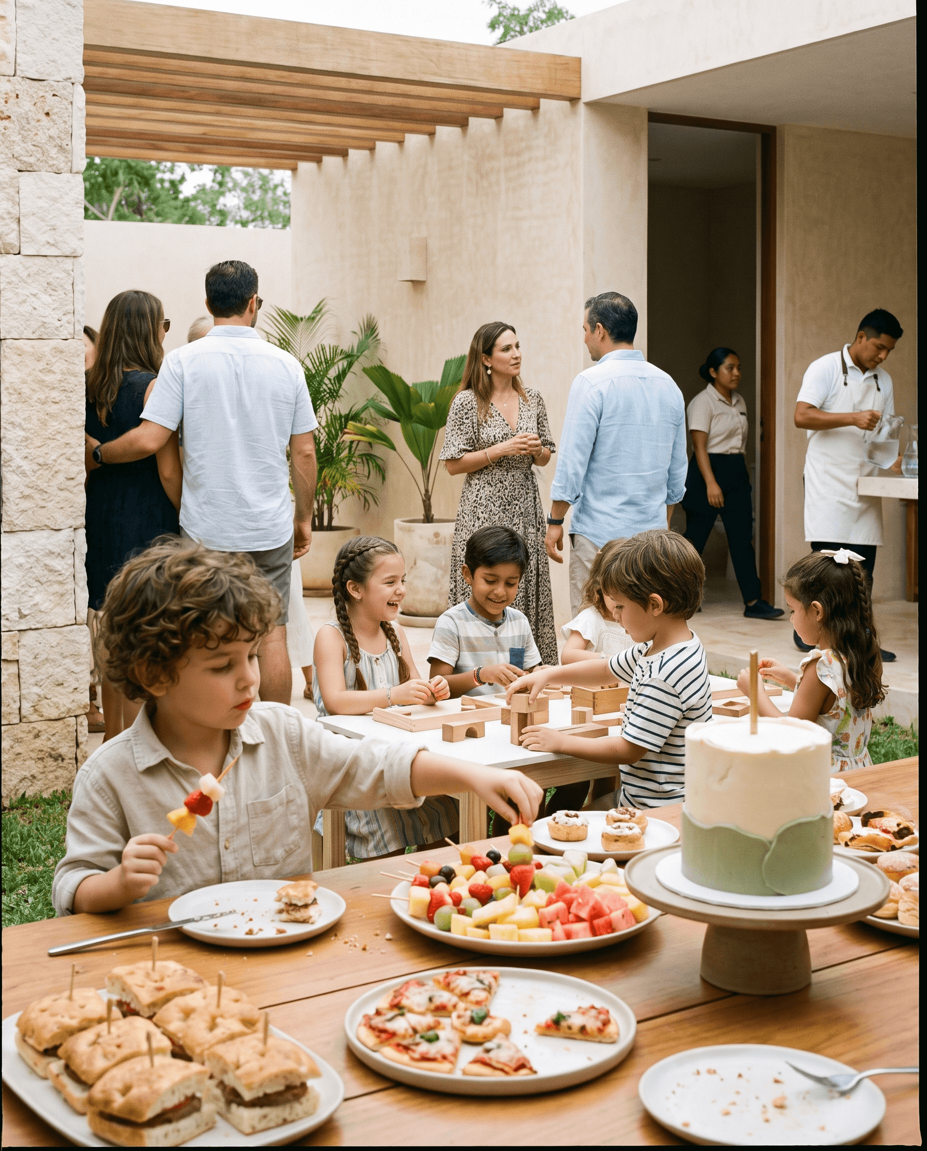 Área de alimentos infantiles durante una celebración familiar.