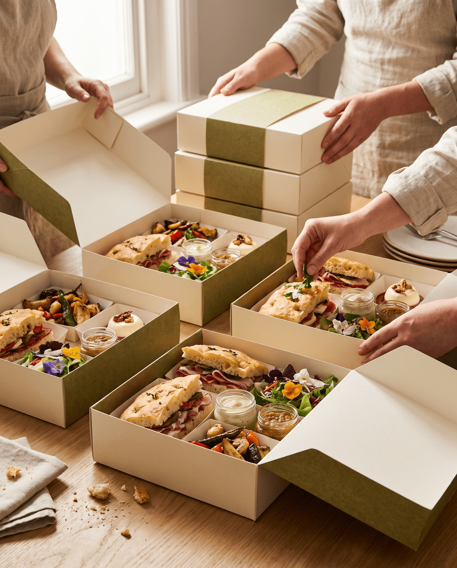 Preparación de box lunches con alimentos y acompañamientos individuales.