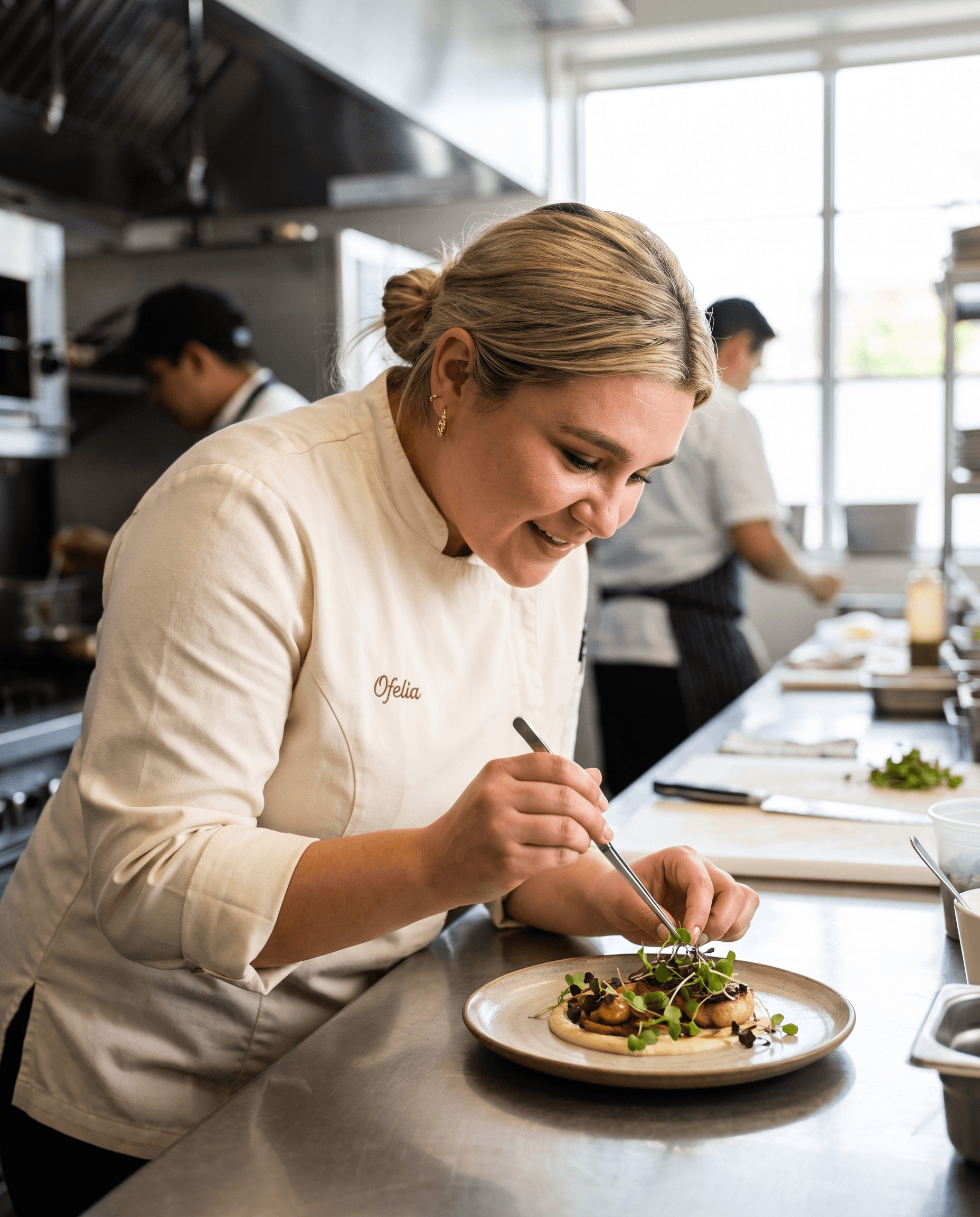 Chef de Ofelia realizando el emplatado de un platillo en cocina.