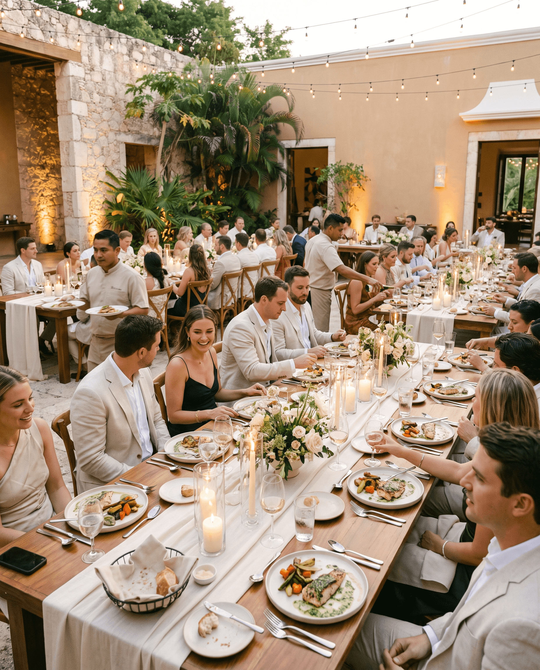 Invitados disfrutando de una cena servida durante un evento social.
