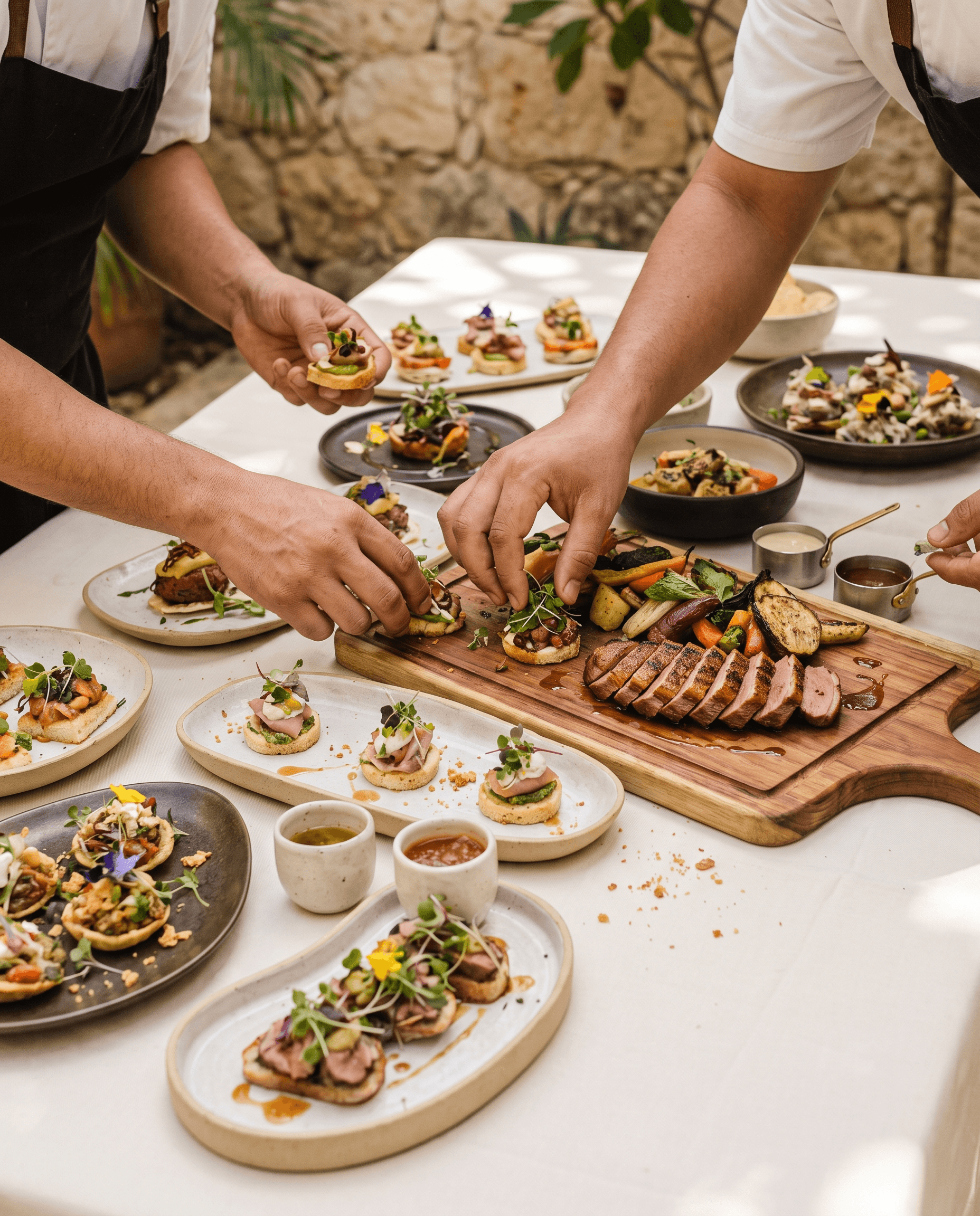 Equipo de catering preparando canapés y platillos para un evento.
