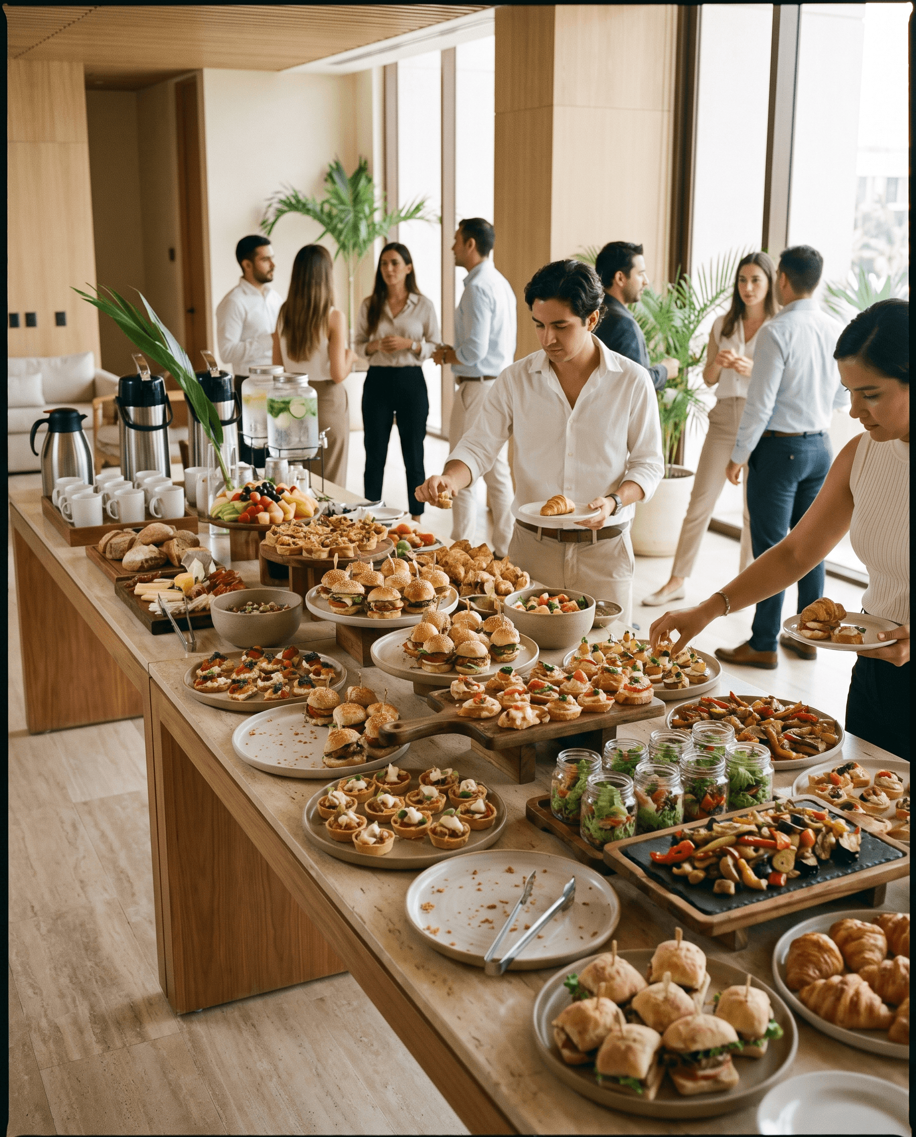 Coffee break corporativo con alimentos, café y bebidas para asistentes.