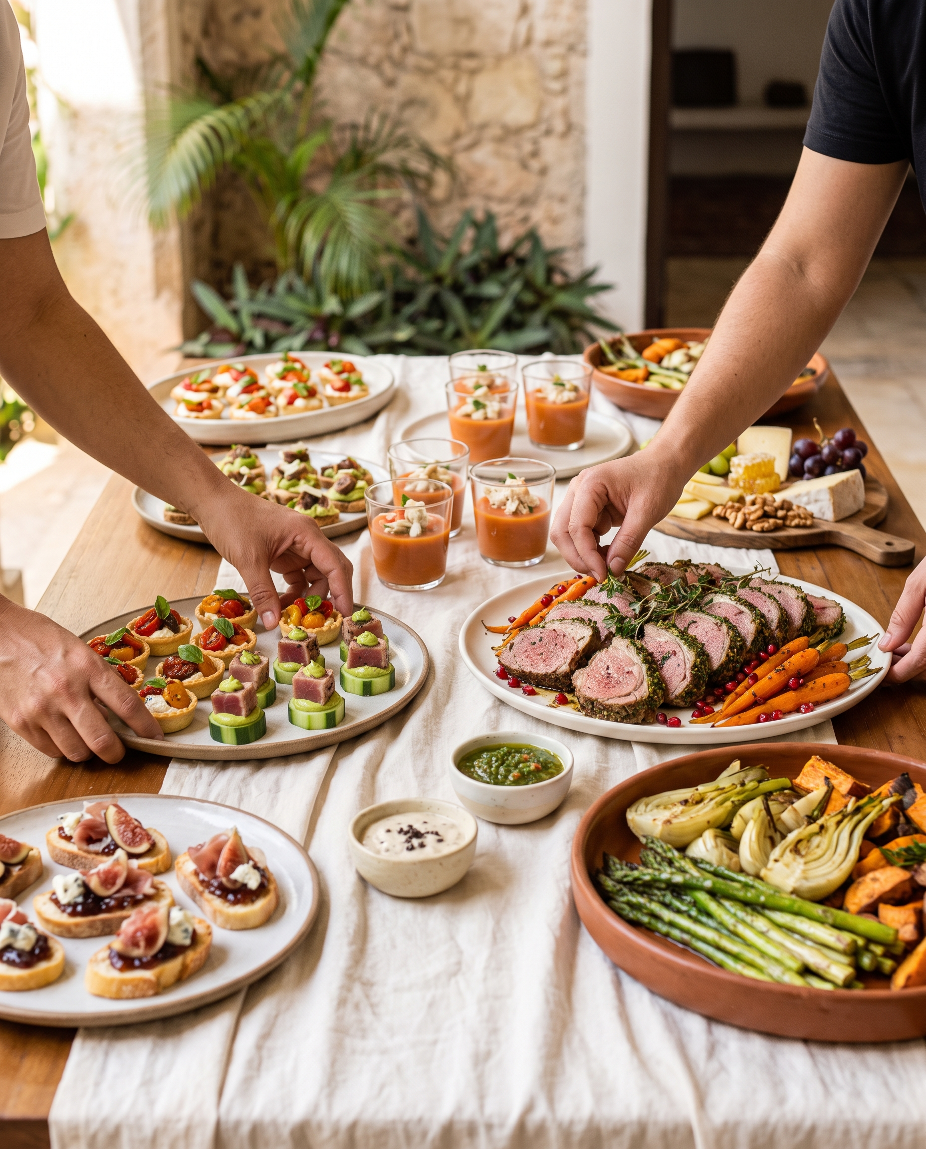 Dos pares de manos acomodando platones sobre una mesa de madera: canapés de higo, tartaletas, vasitos de gazpacho, lomo en costra de hierbas con zanahorias y una cazuela de verduras asadas.