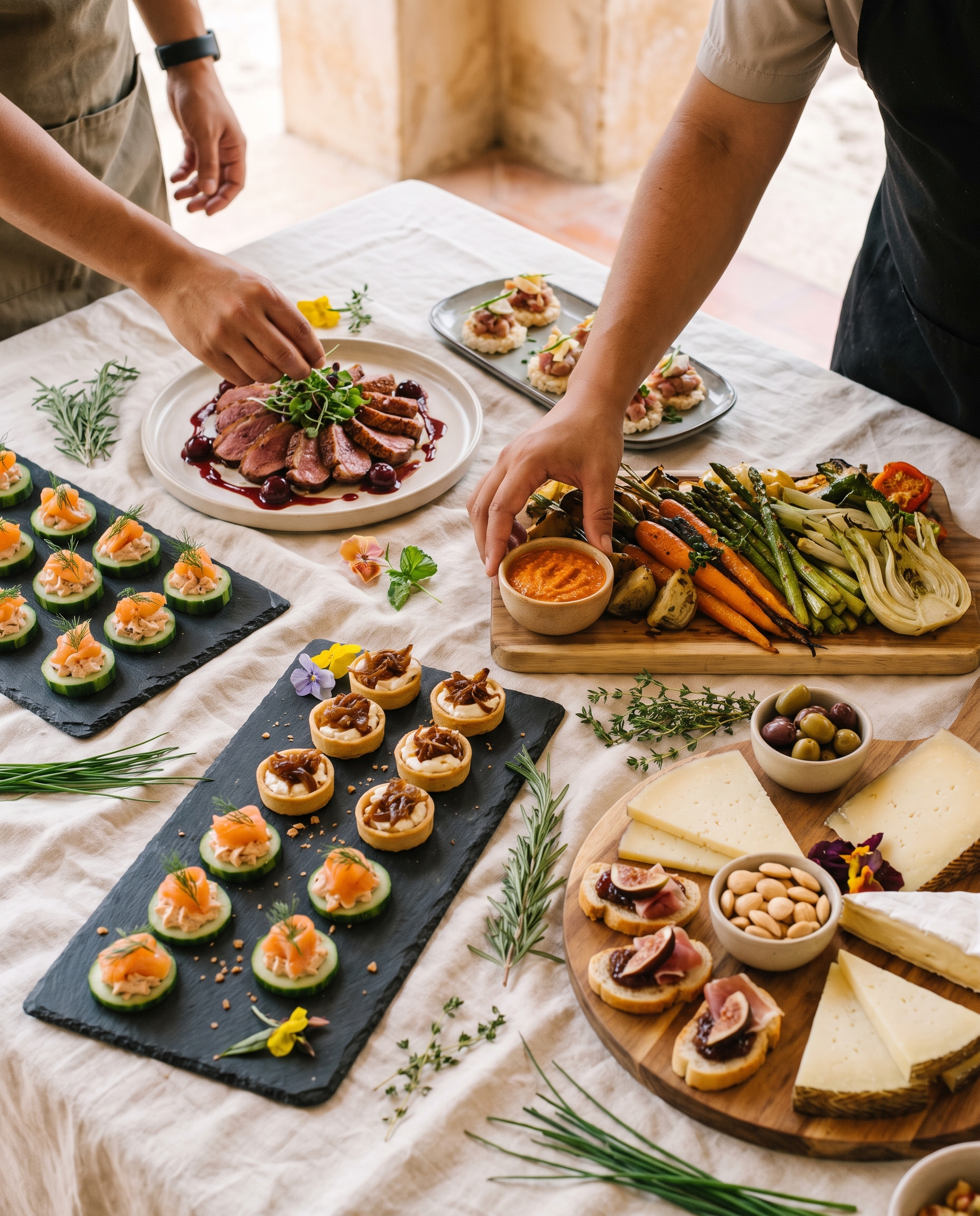 Manos con mandil terminando un plato de magret con salsa de frutos rojos, rodeado de pizarras con bocados de salmón y tartaletas, una tabla de quesos con higos y una tabla de verduras asadas con romescu.