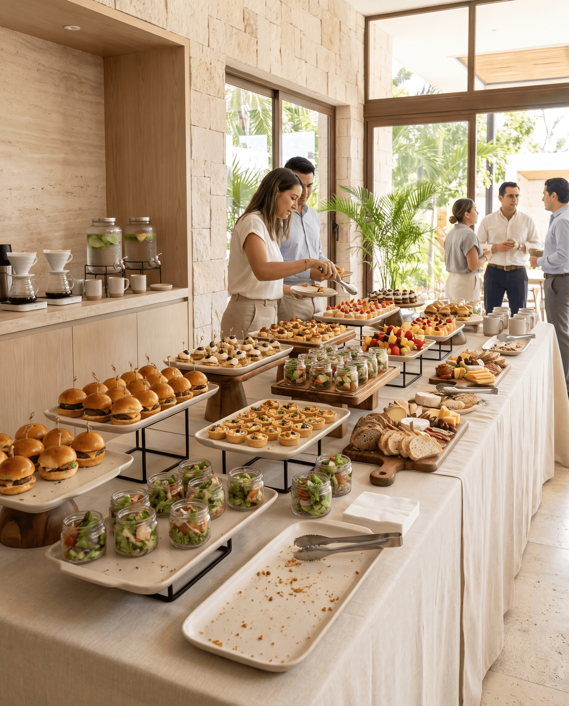 Barra de bufet en un salón de piedra clara: hileras de sliders, brochetas, tartaletas, frascos de ensalada, tabla de quesos y postres de fruta, con una invitada sirviéndose y una estación de café al fondo.