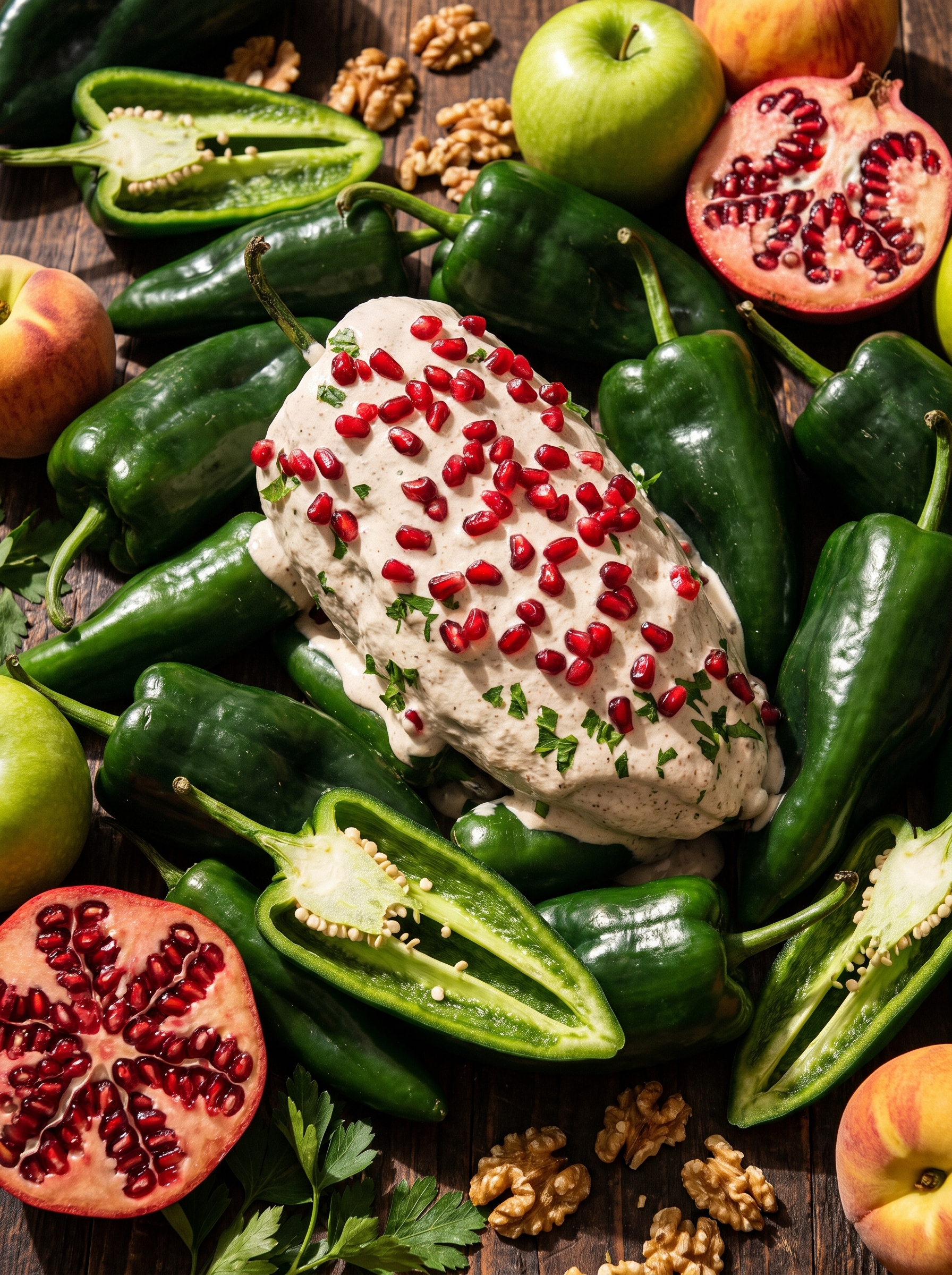 Chile en nogada bañado de salsa de nuez y granada, rodeado de chiles poblanos enteros y partidos, manzanas, duraznos, granadas abiertas y nueces sobre una mesa de madera oscura.