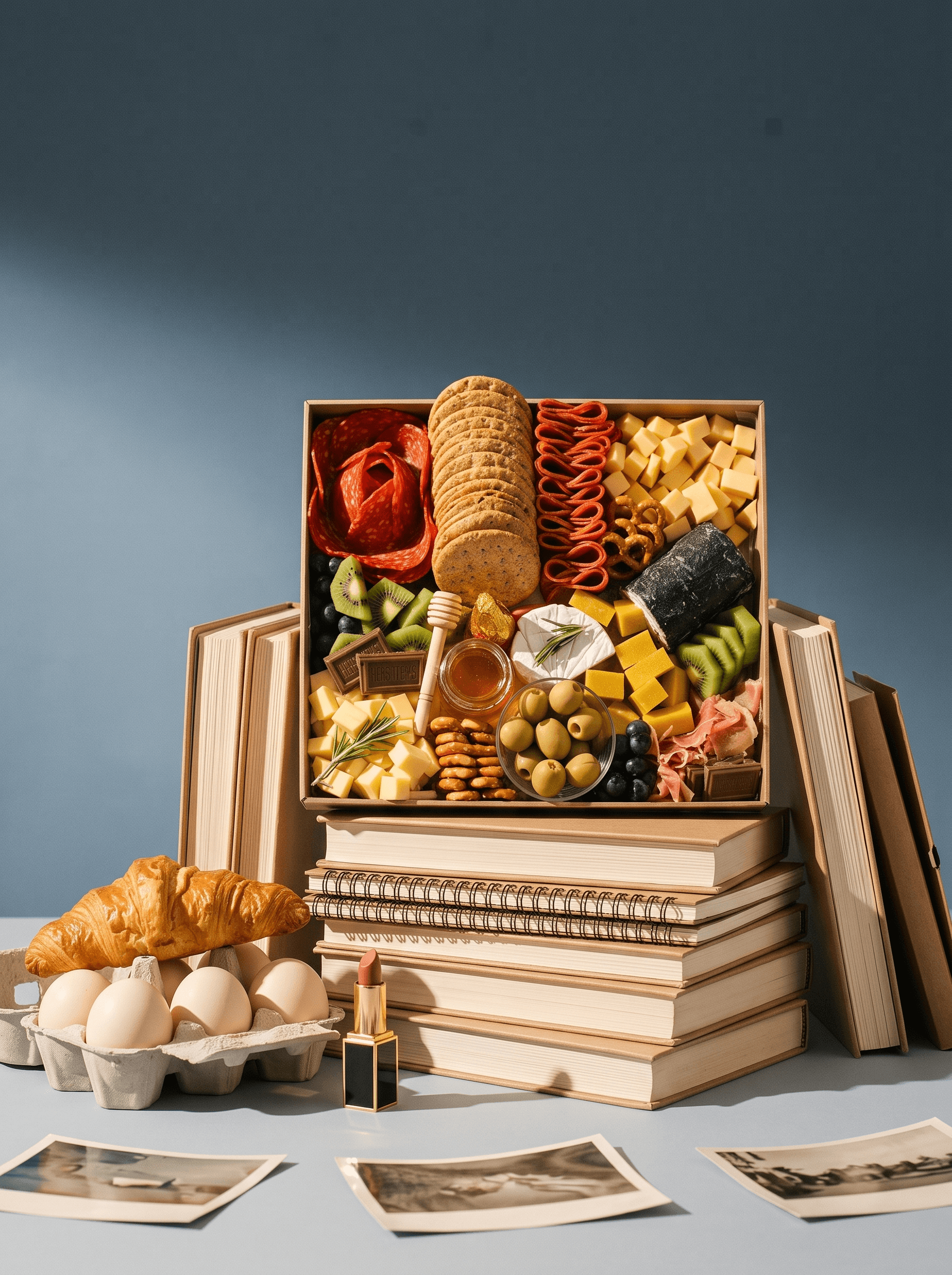 Caja cuadrada de madera clara con charcutería: rosetones de salami, galletas saladas, cubos de queso amarillo y azul, aceitunas, uvas, kiwi, miel con su cuchara y ramitas de romero, apoyada sobre una pila de libros.