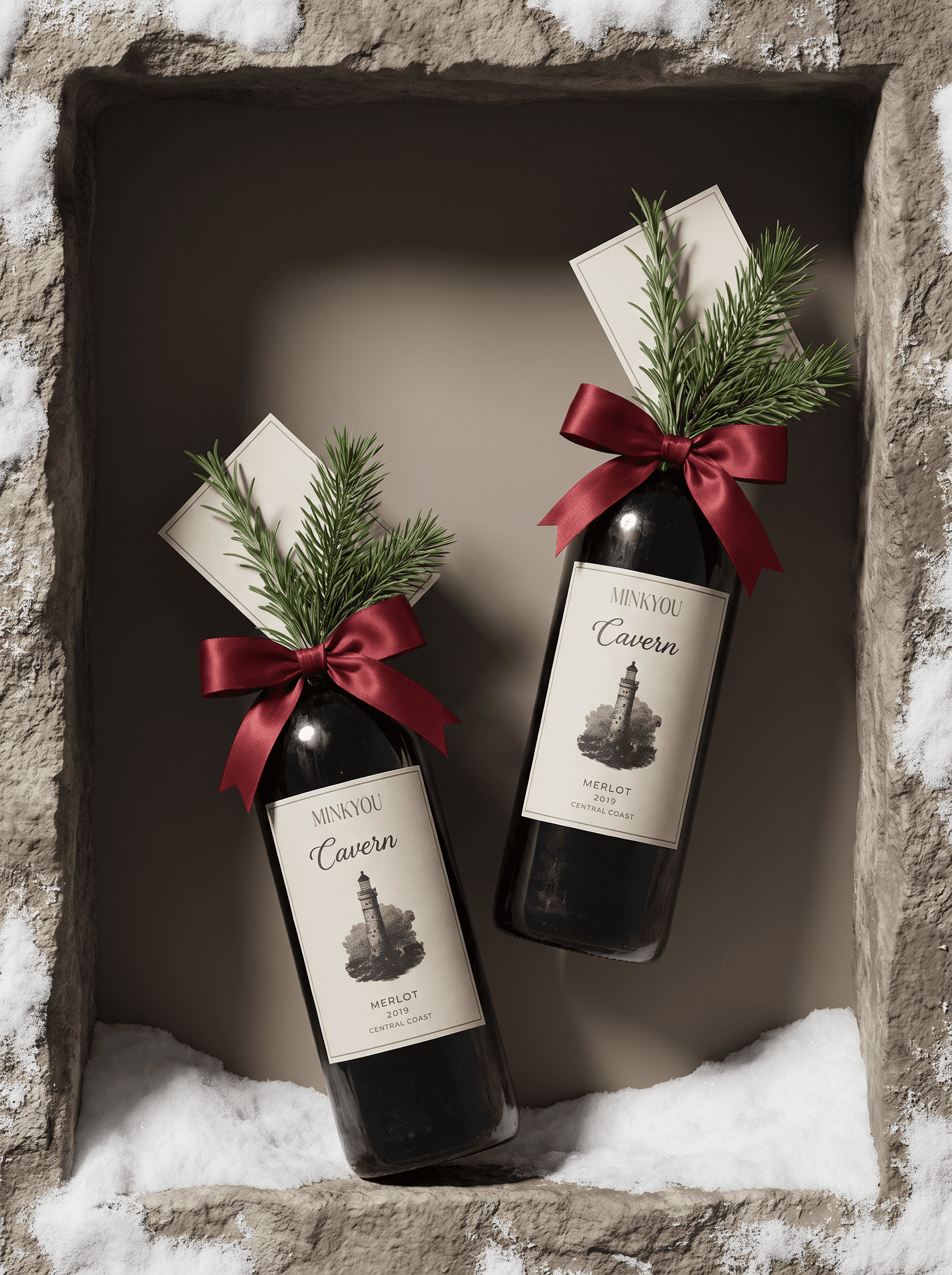 Dos botellas de vino tinto envueltas con moño de raso granate, una ramita de pino y una tarjeta en blanco, colocadas en un hueco de piedra con nieve en los bordes.